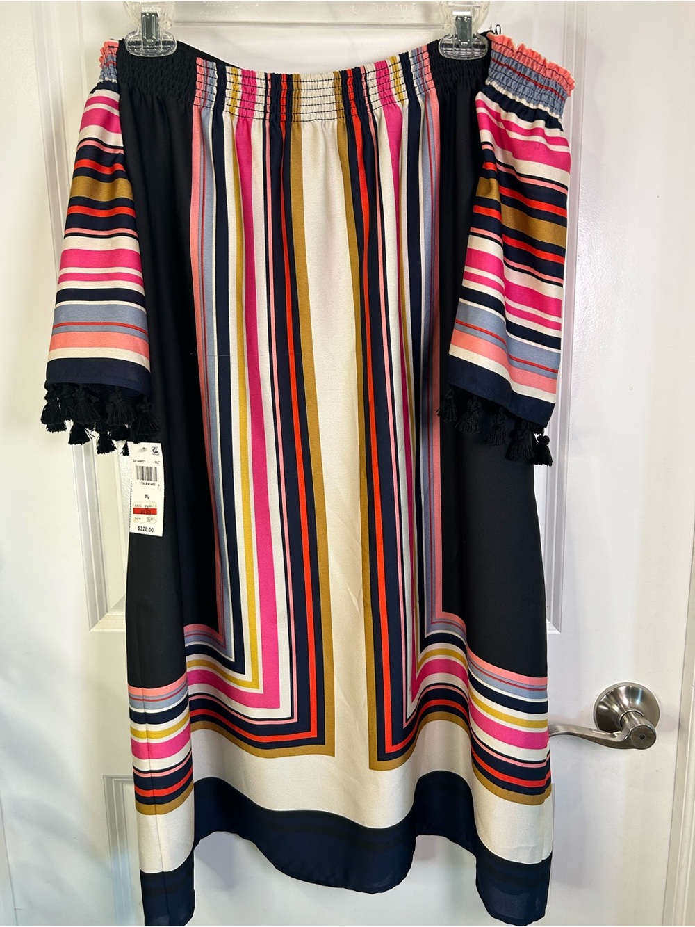 Trina Turk Multicolor Striped Off-Shoulder Theodora Silk Dress in Pink/Navy NWT - Picture 11 of 11